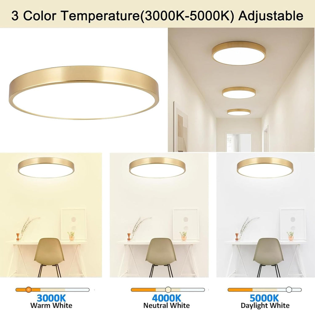 12 Inch Brushed Gold Metal Flush Mount LED Ceiling Light, 3000-5000K 20W Thin Round Modern Low Profile Ceiling Light