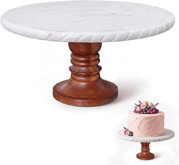 White Marble Cake Stand with Wooden Base - Elegant Round Cake Stand