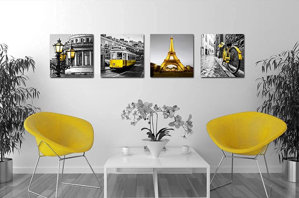 London Paris Decor Wall Canvas Print Black and White Eiffel Tower 4 Panels Yellow Pictures Decorations Living Room