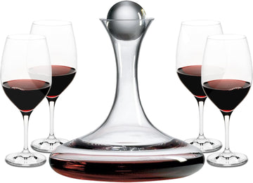 European-Made Decanter Gift Set |1 Handblown Decanter with Stopper (65 Fl Oz) and 4 Wine Glasses (21 Oz) | 100% - Set of 5