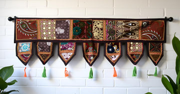 N Toran Door Hanging, Vintage Patchwork Cotton Window Valance, Boho Wall Hanging, Embroidered Bandanwar, Festival &