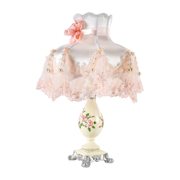 Victorian Style Table Lamp Pink Princess lamp Handmade Gauze Fabric Lampshade Traditional Resin Flower Carved Base