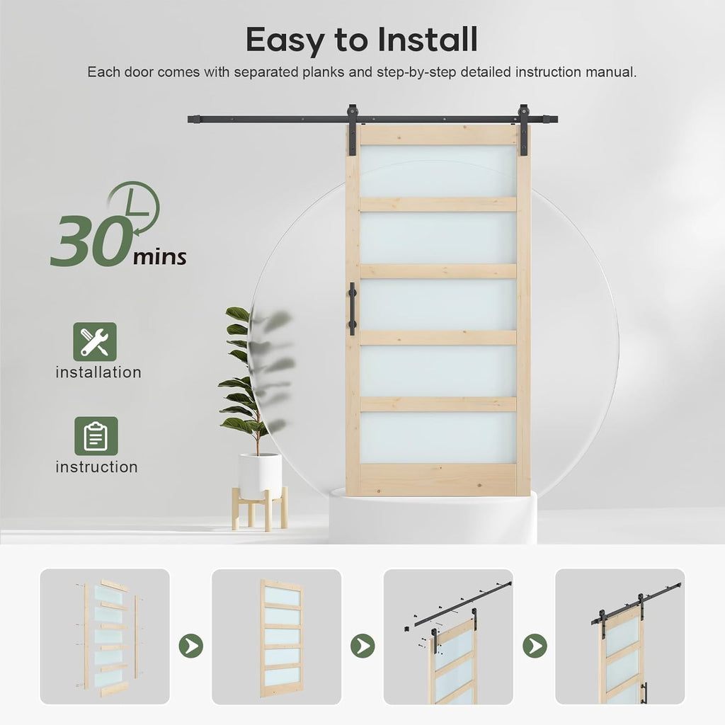 42x84 inch Glass Sliding Barn Door Slab with 7ft Hardware Kit Included, 5-Panel Frosted Glass, Spruc
