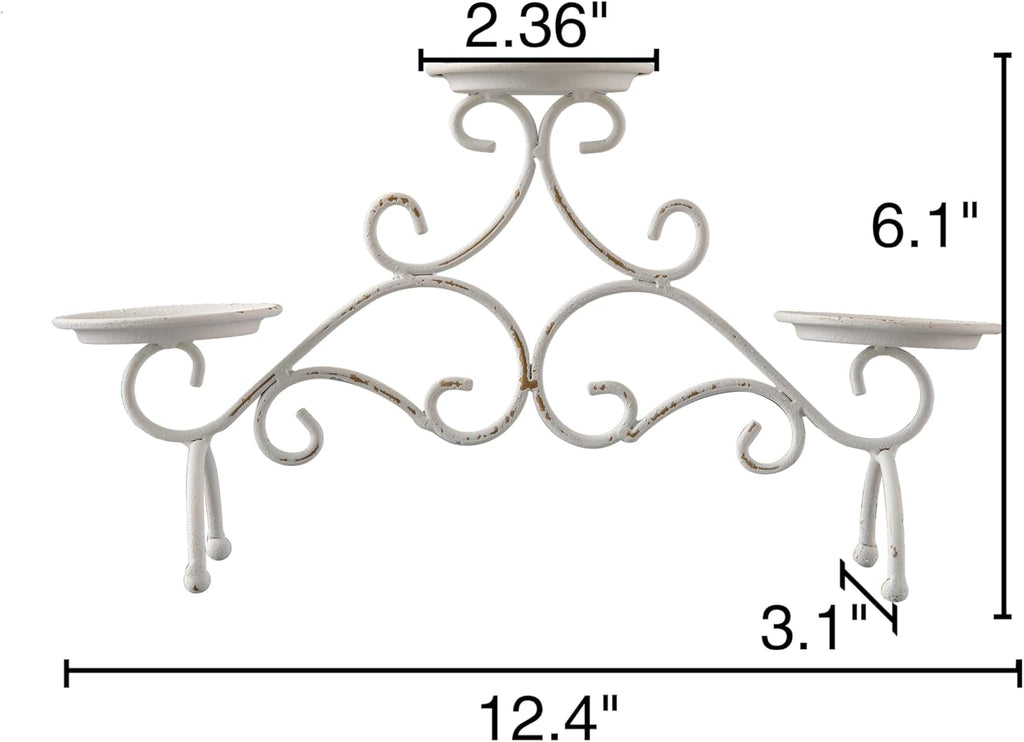 Rustic Fireplace Candelabra Candle Holder, 3 Arm Metal Pillar Candle Holders, Shabby Chic White Candle Holder for