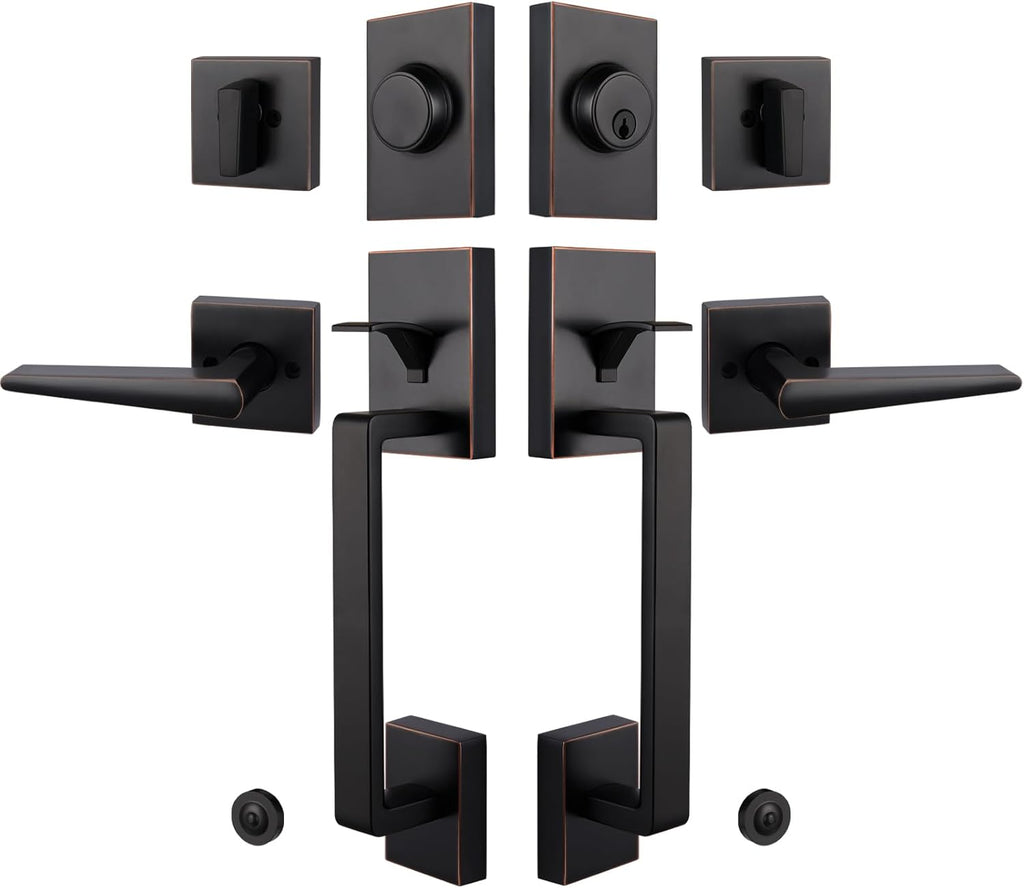 Oil Rubbed Bronze Double French Door Handle Set Door Lock Set with Deadbolt&Lever, Lower Half Grip, Left&Right Handed - Door Handleset