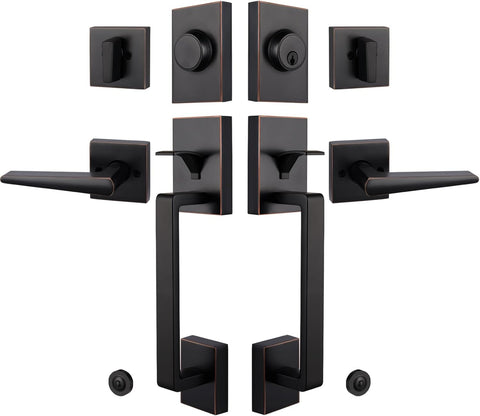 Oil Rubbed Bronze Double French Door Handle Set Door Lock Set with Deadbolt&Lever, Lower Half Grip, Left&Right Handed - Door Handleset