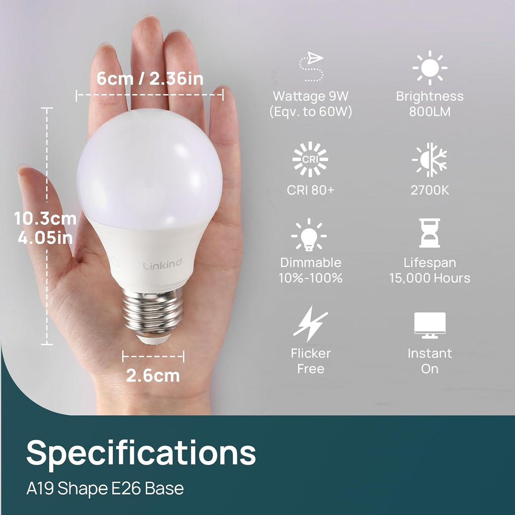 A19 LED Light Bulbs Dimmable, 60W Equivalent, Energy Efficient 9W, 2700K, 800 Lumens, E26 Standard Base, Lighting for Bedroom Living Room Home Office, 6 Packs