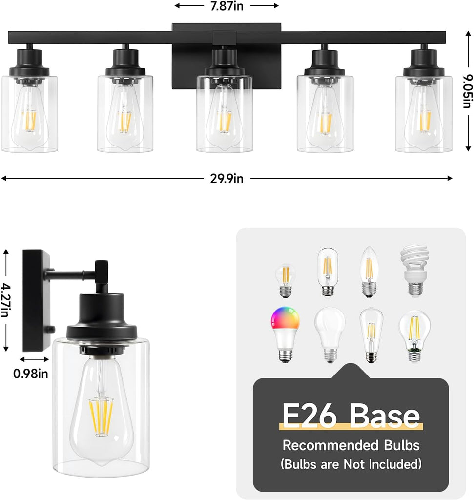 5-Light Black Bathroom Vanity Light, Modern Vanity Lighting Fixture , 31" Matte Light Fixture, Wall Sconces with