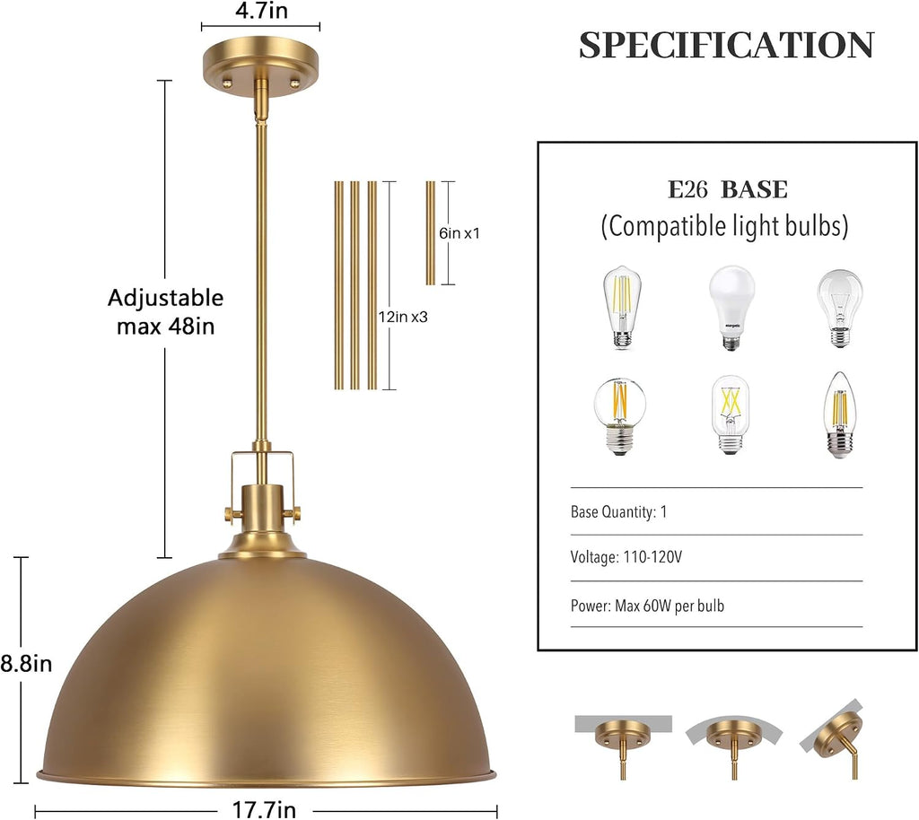 17.7 Inch Large Dome Pendant Light, 1-Light Brushed Gold Pendant Lighting All Metal, Modern Single Ceiling Hanging