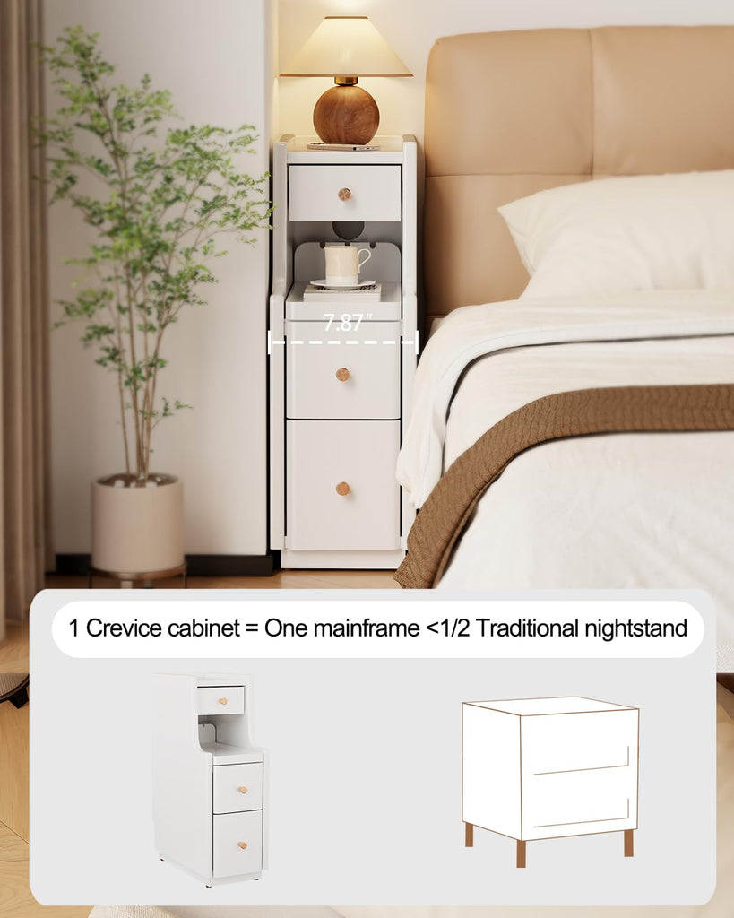 Solid Wood Narrow Nightstand with 3 Drawers, Modern White, Fully Assembled