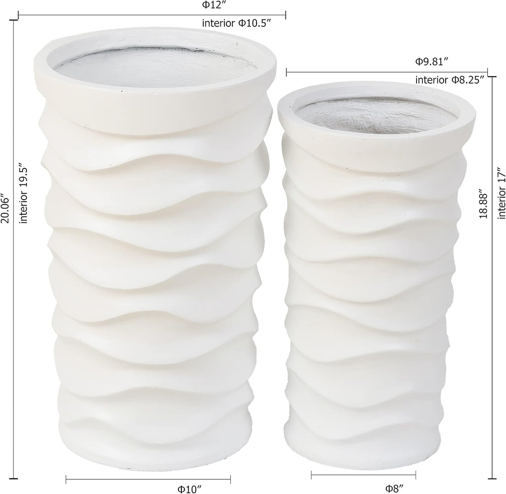 Tall Planters for Outdoor Plants, Set of 2 Garden White | With Drainage Hole and Rubber Plug, Modern White