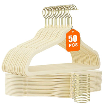 50 Pack Beige Velvet Hangers, Non Slip, Heavy-Duty, Slim, Space Saving, with Felt Surface and Gold 360°Swivel Hook, for
