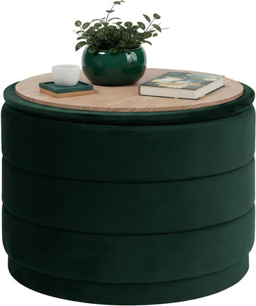 22.8" Round Velvet Storage Ottoman with Tray, Bottle Green