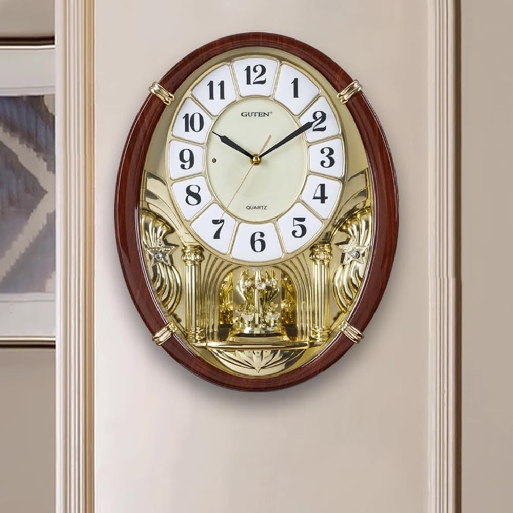 Melodies in Motion Musical Wall Clock - Chiming Wall Clock with Rotating Crystal Pendulum - 12 Melodies - Adjustable Volume - Night Shutoff