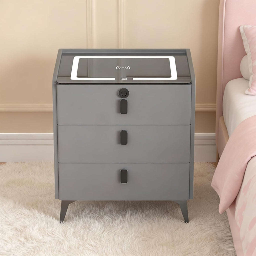 Smart Nightstand with Wireless Charging, Nightstand with Fingerprint Lock Drawer, Night Stand with Charging Station,2