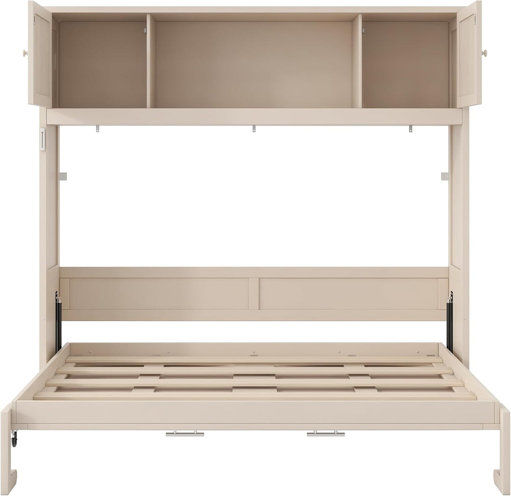 Full Murphy Bed with Storage Cabinets, Rustic Solid Wood Wall Bed with 3 Cabinet Shelves, Space Saving Foldable Bed
