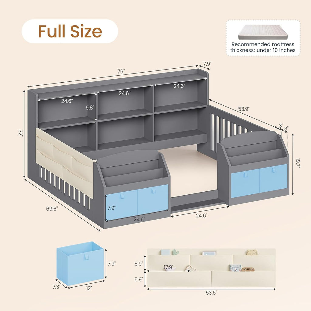 Full Size Floor Wooden Montessori Bed Frame for Kids,Grey | 4 Fabric Drawers, Both Sides Bookshelves, 2-Tier Side