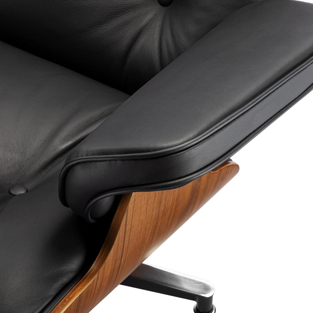 Mid-Century Modern Lounge Chair & Ottoman — Black Bonded Grain Leather, Light Walnut Base, Extended Chaise