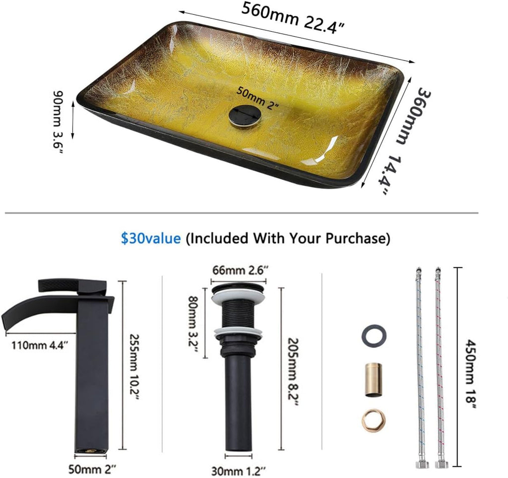 22 Inch Bathroom Vessel Sink Basin with Waterfall Faucet and Pop-Up Drain Combo,Gold Rectangular Glass Sink Bowl Above