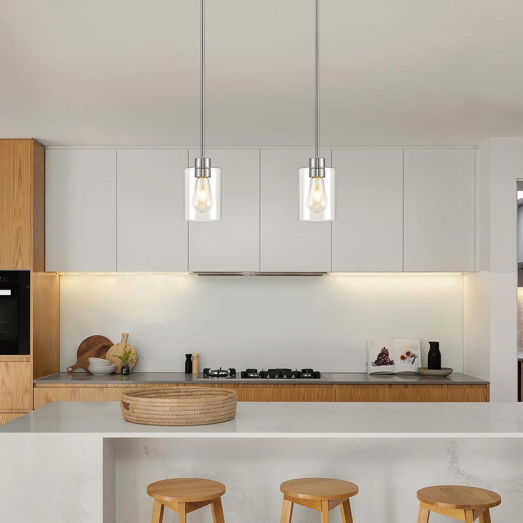 Modern Farmhouse Brushed Nickel Pendant Lights, Mini Hanging Light Fixture with Clear Glass Shade, Adjustable Rods