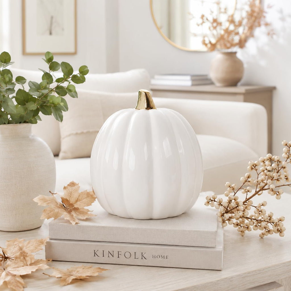 Ceramic Pumpkin Fall Decor with Gold Stem, White