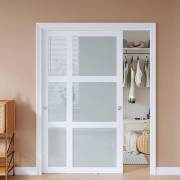 60x80 in (Double 31in) Bypass Sliding Closet Door for Bedroom, 3-Lite Frosted Glass Sliding Door wit