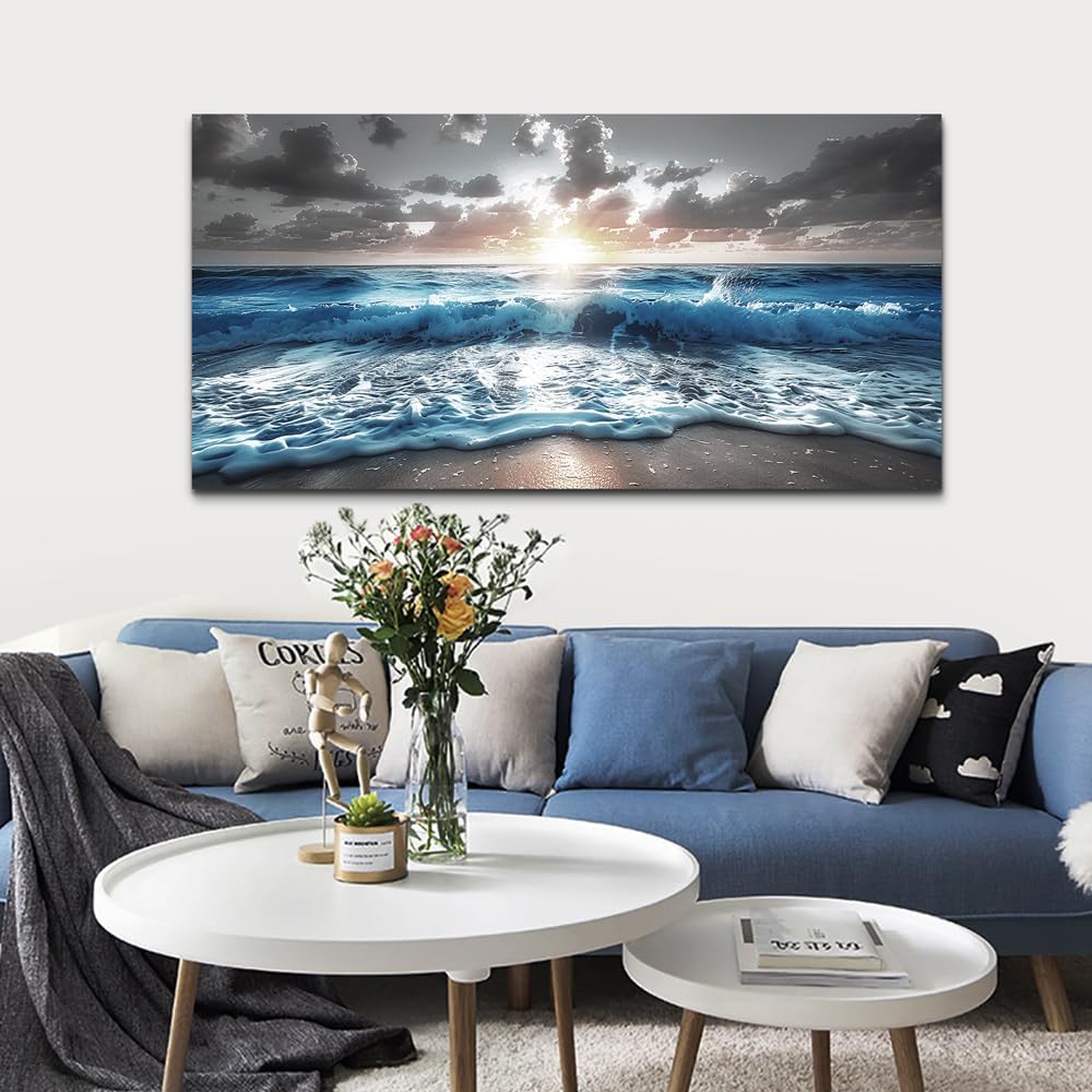 Blue Sea Waves Wall Pictures Framed Wall Art Canvas Wall Decor Sunshine Beach Painting Bedroom Home Decorations