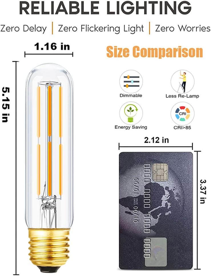 T10 Led Bulb,Dimmable Tubular Vintage LED Edison Bulbs 6W,Equivalent 60 Watt,600LM,Warm White 2700K,Clear Glass,E26 (3 Pack)