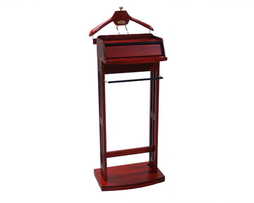 Excalibur Wardrobe Wood Valet Stand with Power Extension, Large Storage Compartment, Contour Hanger, Trouser