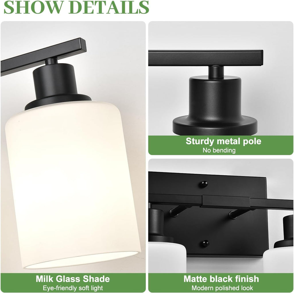 4-Light Bathroom Light Fixtures, Vanity Light with Milky White Shades, Matte Black Bathroom Light Fixtures Over