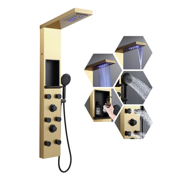 LED Shower Panel with Shelf and 6 Adjustable Body Jets, Gold