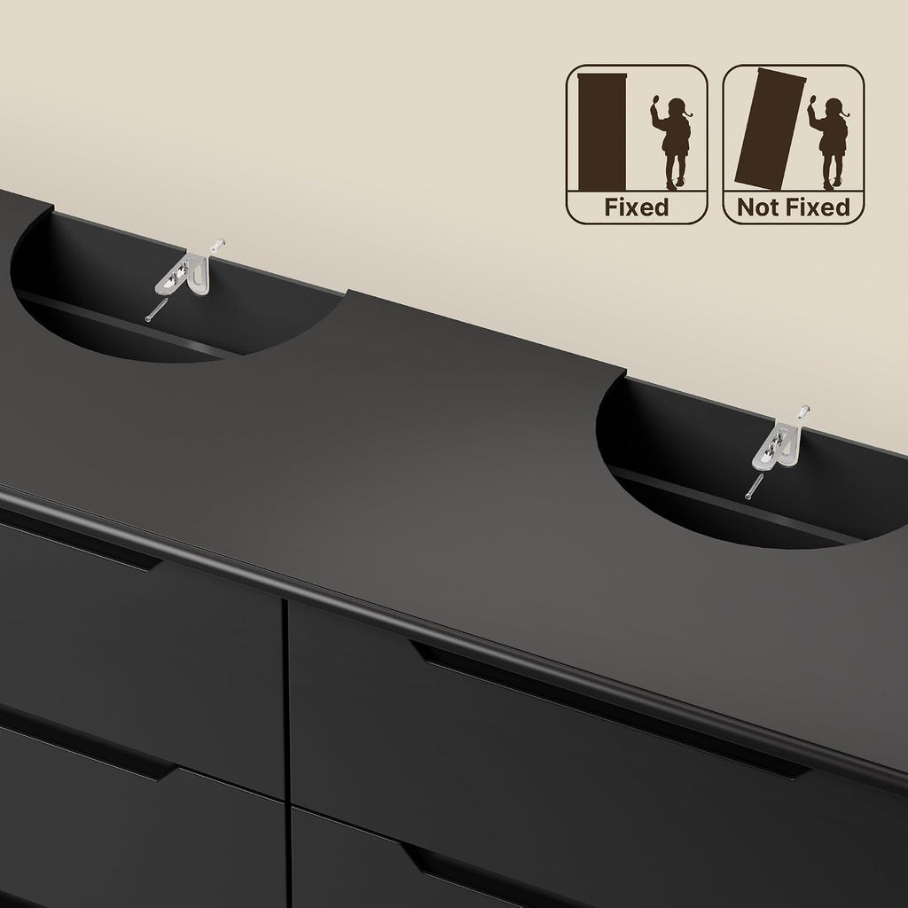 6 Drawer Double Dresser with Anti-Tip Design, Black | Modern Wide Wooden Chest of Drawers with Cut-Out Handles