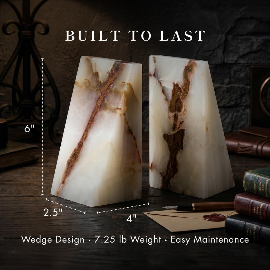 White Triangular Onyx Marble Bookends - Heavy-Duty Wedge Design, Modern Office and Bookshelf Organizer
