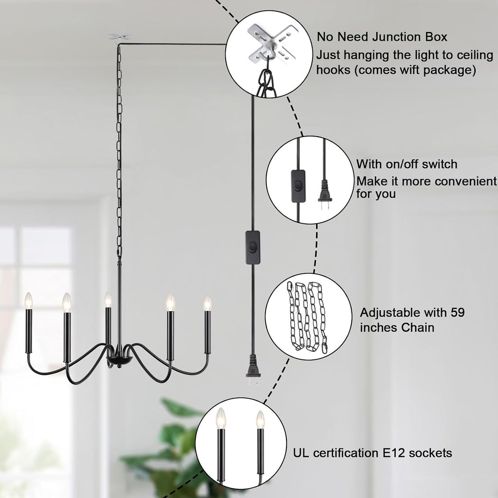 Black Plug in Chandelier Lighting with Long Cord, 5 Light Farmhouse Plug in Hanging Light Fixture for Dining Room