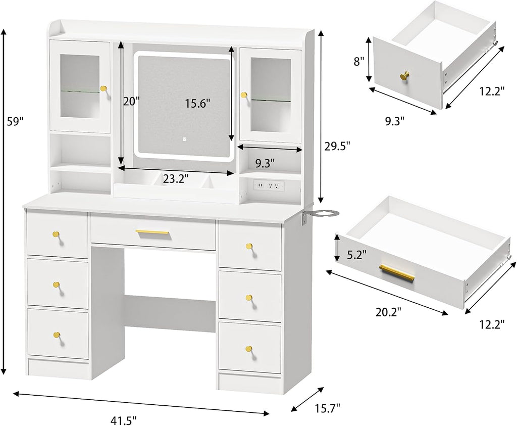 White Makeup Vanity Desk with Mirror and LED Lights,Large Make Up Vanity Table with Lighted Mirror 7 Drawers,Modern
