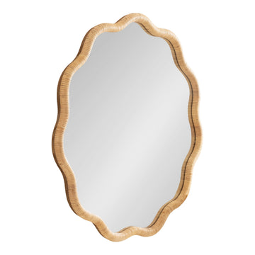 Rahfy Boho Scalloped Round Rattan Mirror, 32 Inch Diameter, Natural Wood, Decorative Round Wavy Mirror with Authentic