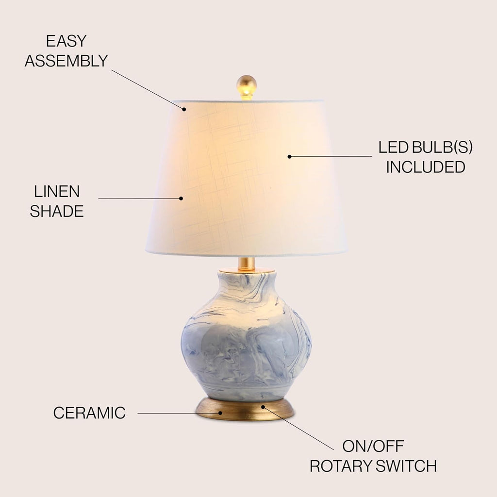 20.5" Blue/White Marbleized Ceramic Table Lamp, Contemporary Traditional Bedside Lamp, Gold Accents