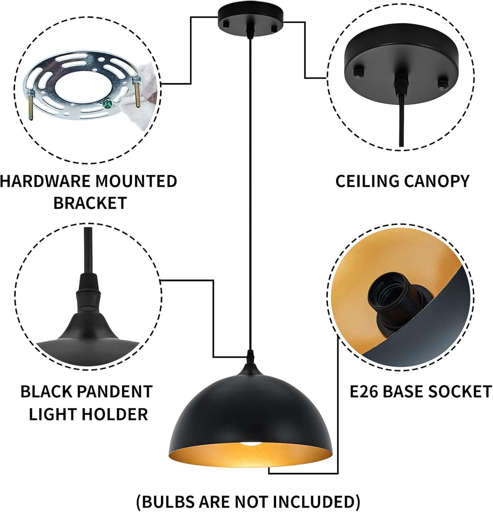 Farmhouse Pendant Lighting for Kitchen Island,Black and Gold Dome Pendant Light Fixtures, Industrial Hanging Ceiling