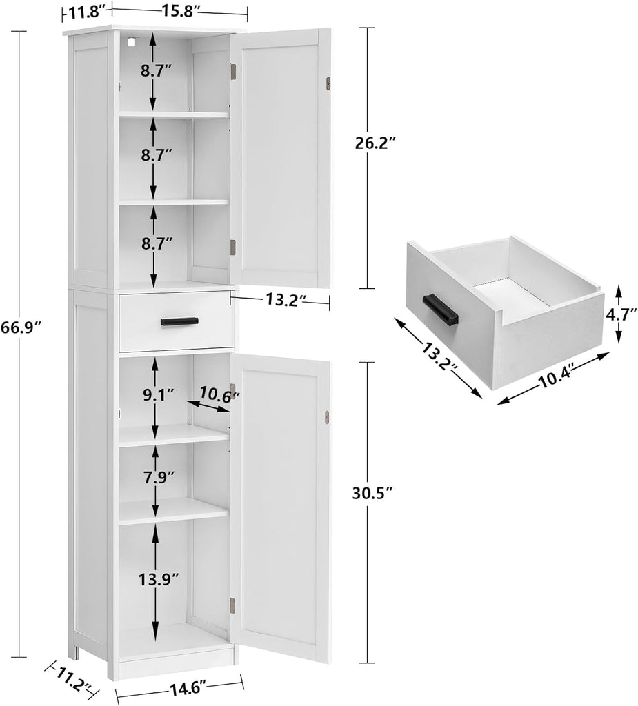 Tall Bathroom Cabinet, Storage Cabinet with 6 Shelves & Drawer, Bathroom Storage Cabinet with Adjustable Shelves