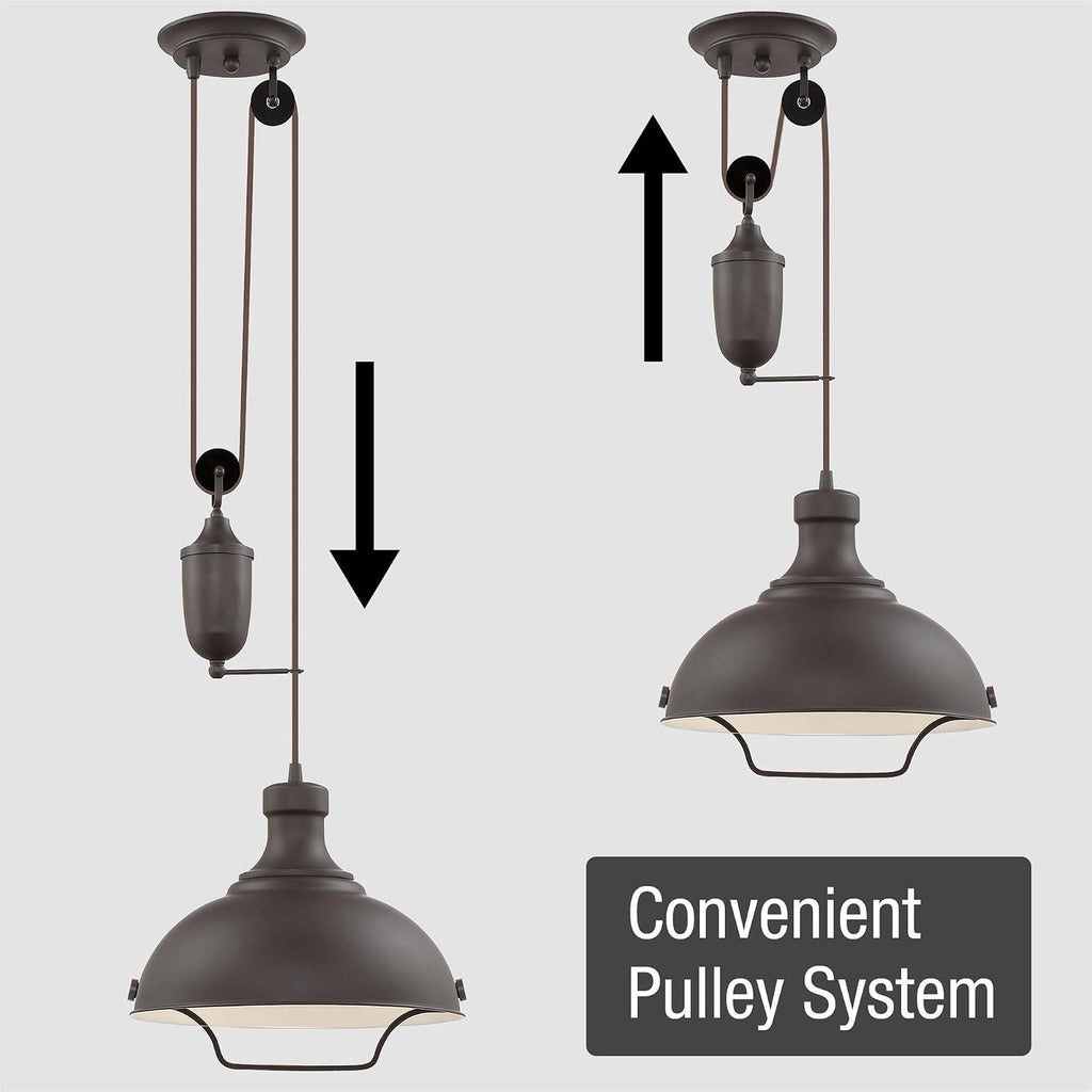 Sequoia 13" Large Industrial Pulley Pendant Light wtih Dome Shade and Counterweight