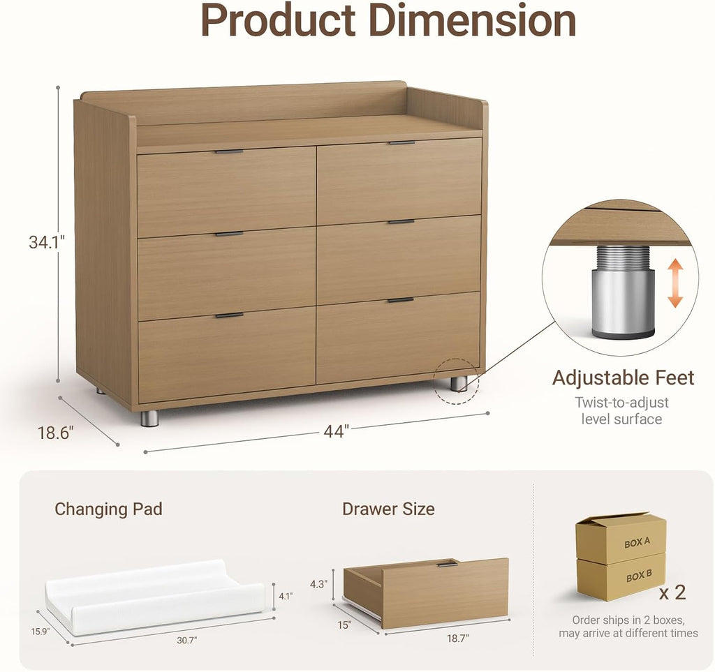 Pro 6-Drawer Baby Dresser with Changing Table, Easy Assembly | Walnut Wooden Nursery Dresser, Anti-Tip Design &
