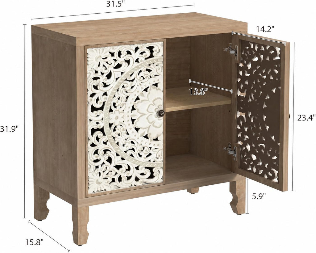 Buffet Cabinet with Storage, Accent Cabinet with 2 Carved Doors, Solid Wood Sideboard with Adjustable Shelf, Vintage