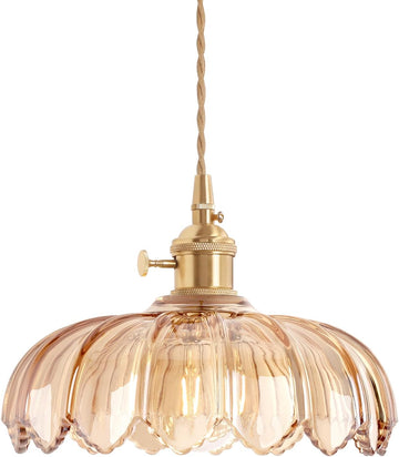 Pendant Light with Amber Scindapsus Glass Lmapshade, Brass Vintage Pendant Light Adjustable Hanging Light for Kitchen