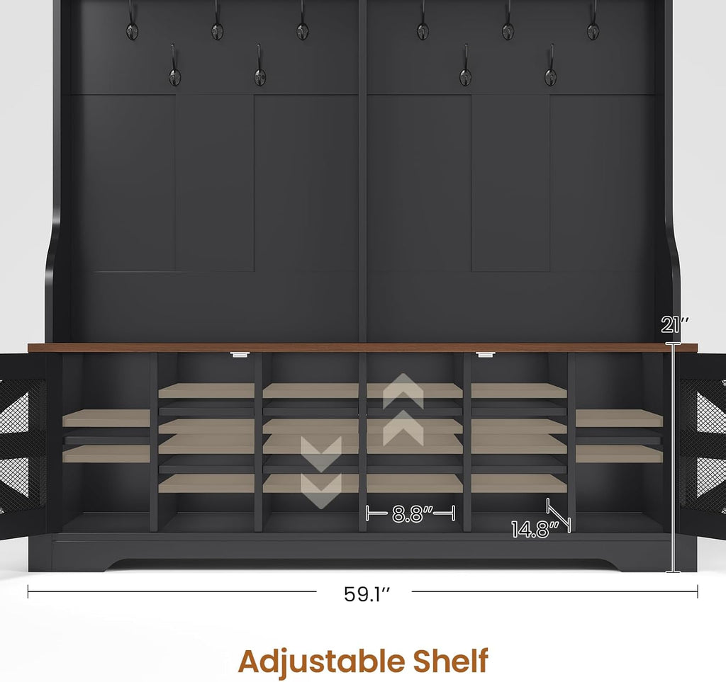 Hall Tree with Bench and Shoe Storage, 5-in-1 Entryway Bench with Coat Rack, 16 Shoe Cubbies & 12 Coat Hooks, Barn