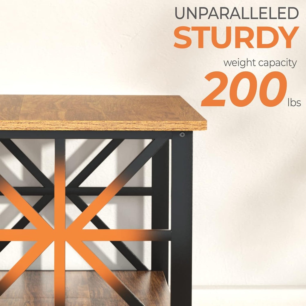 Coffee Table with Round Corner, Farmhouse Center Table with 2-Tier Storage Shelf X-Frame Design, 39 inch Walnut