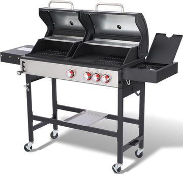 Charcoal and 3-Burner Propane Gas Grill Combo with Side Burner, Dual Fuel BBQ Grill with Porcelain Cast Iron Grates