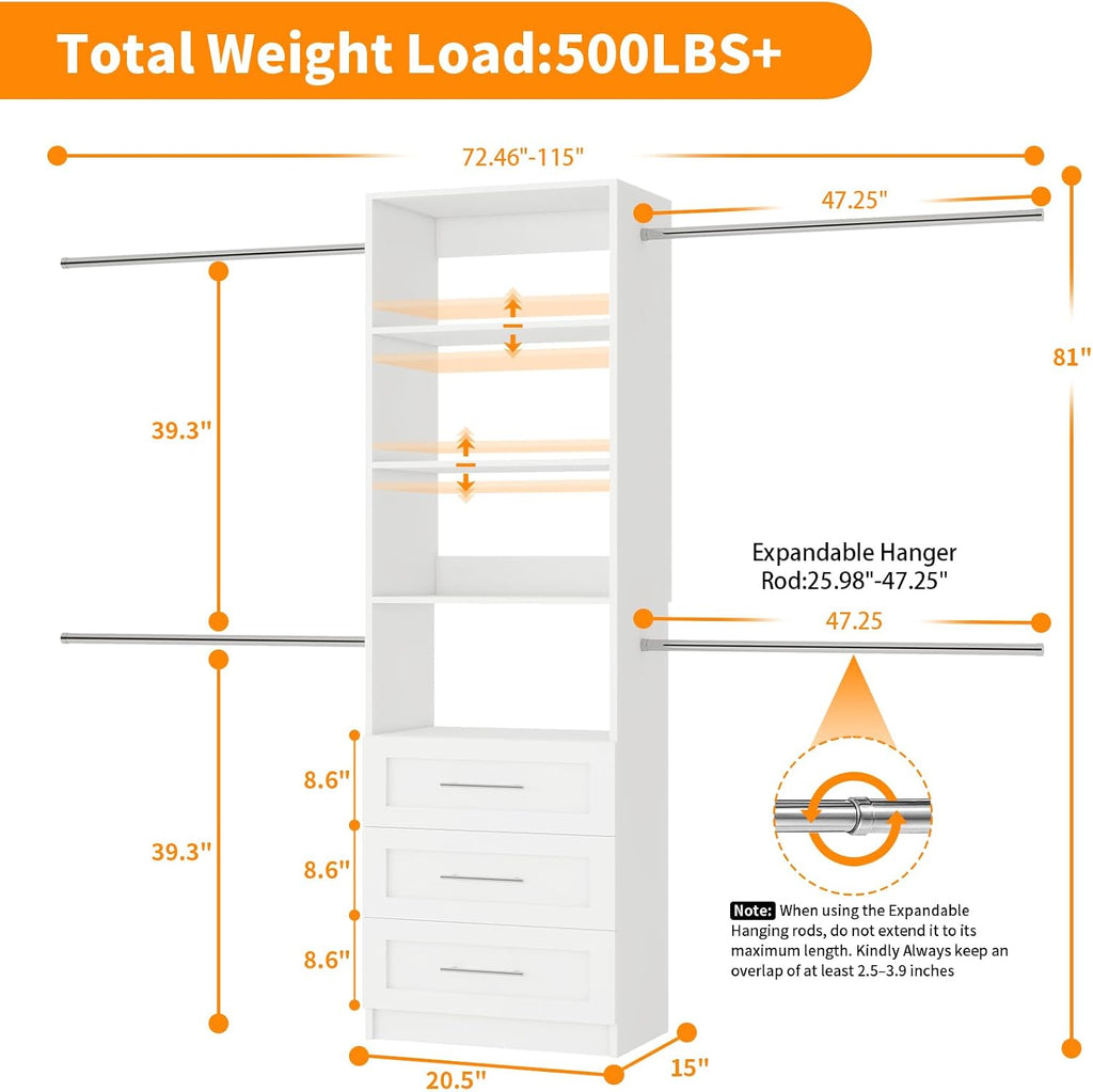 Closet System, 5FT-9FT Closet Organizer System with 4 Expandable Hanging Rods and Moveable Shelves, 115" Walk in