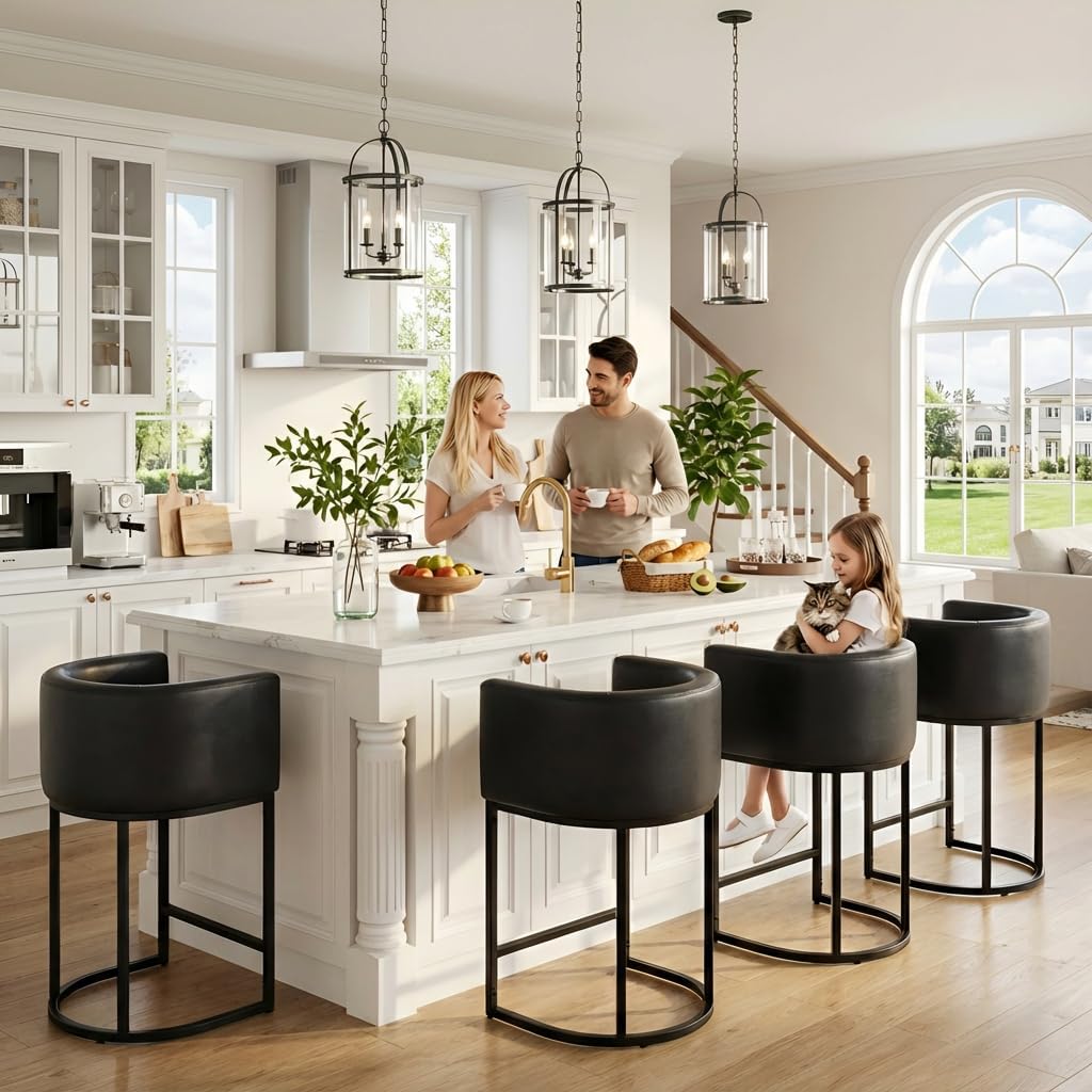 Black Modern Barrel Counter Height Clearance Bar Stools Set of 3, 24 Inch PU Leather Kitchen Barstools with Back