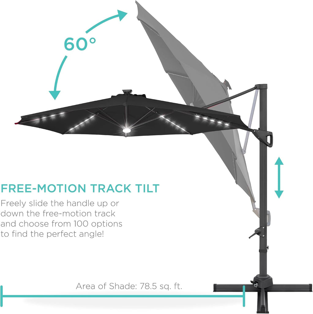 10ft Solar LED Cantilever Patio Umbrella, 360-Degree Rotation Hanging Offset Market Outdoor Sun Shade w/Lights - Black
