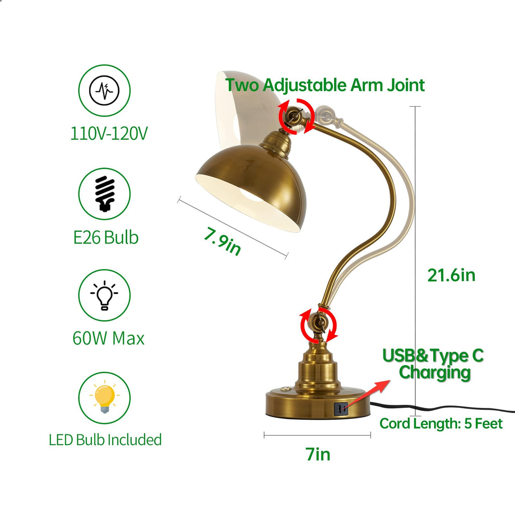 Dimmable Touch Control Antique Gold Desk Lamp with Swing Arm Charging Port